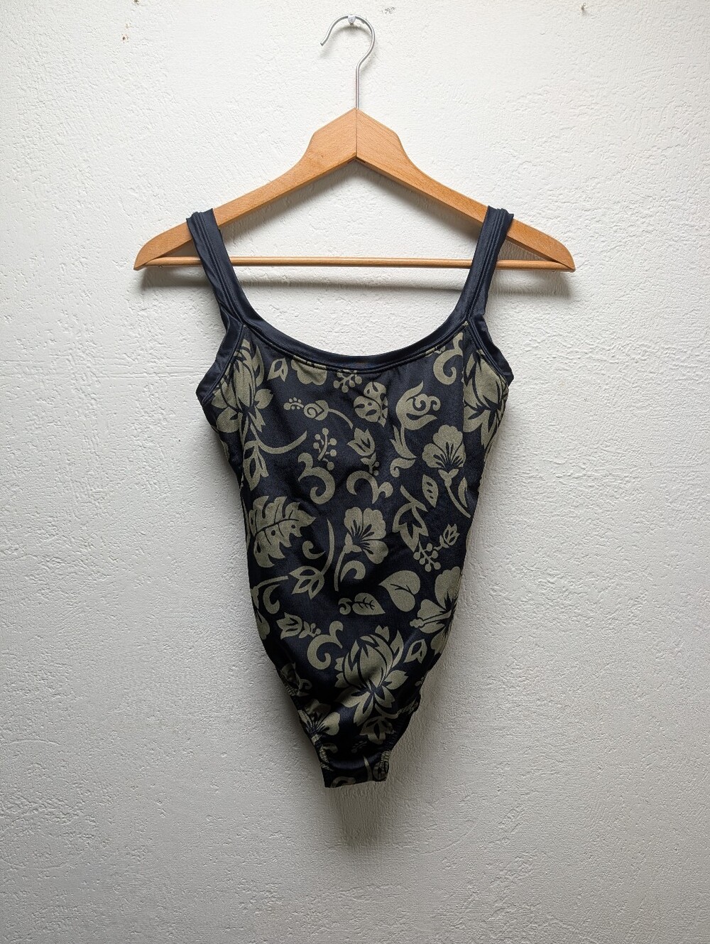 Vtg 80's 90's JAG One Piece Swimsuit High Cut Tropical Floral Black Green USA